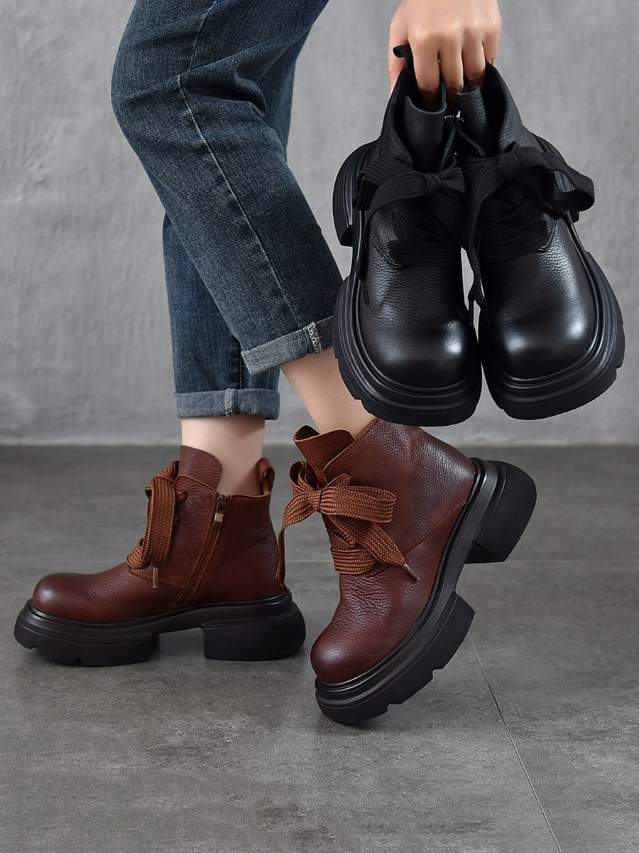 Women Vintage Genuine Leather Strap Platform Boots
