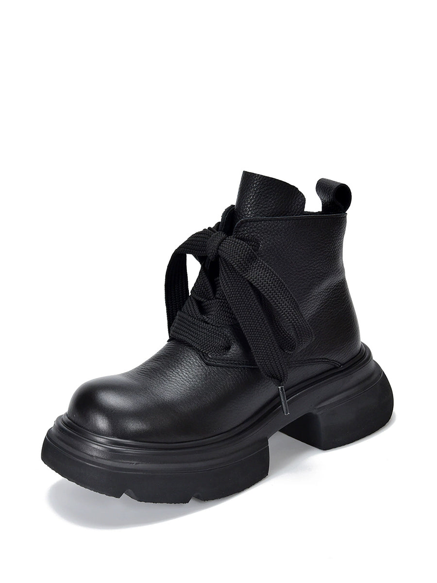 Women Vintage Genuine Leather Strap Platform Boots