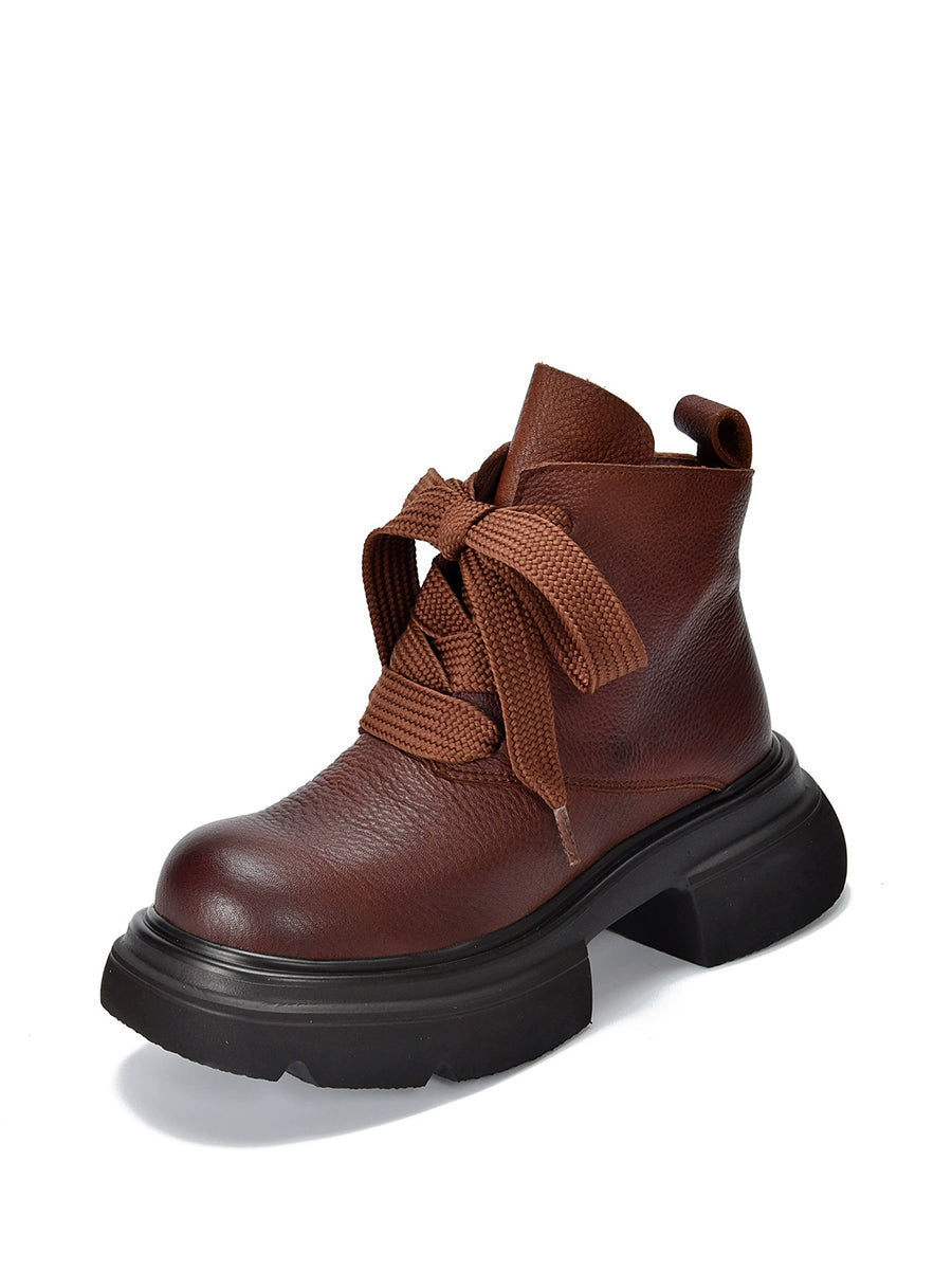 Women Vintage Genuine Leather Strap Platform Boots