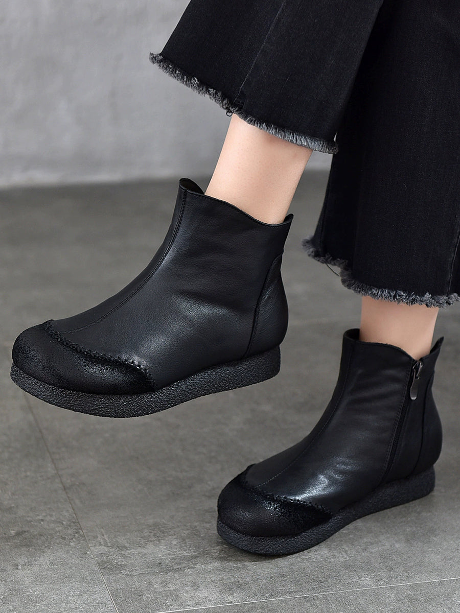 Women Genuine Leather Spliced Fleece-lined Flat Ankle Boots