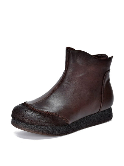 Women Genuine Leather Spliced Fleece-lined Flat Ankle Boots