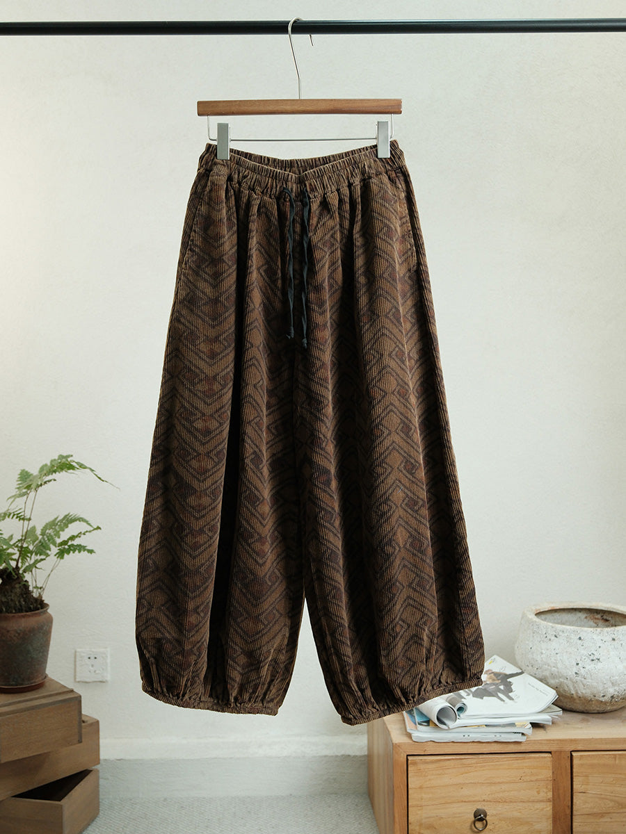 Women Autumn Retro Flower Corduroy Straight Pants