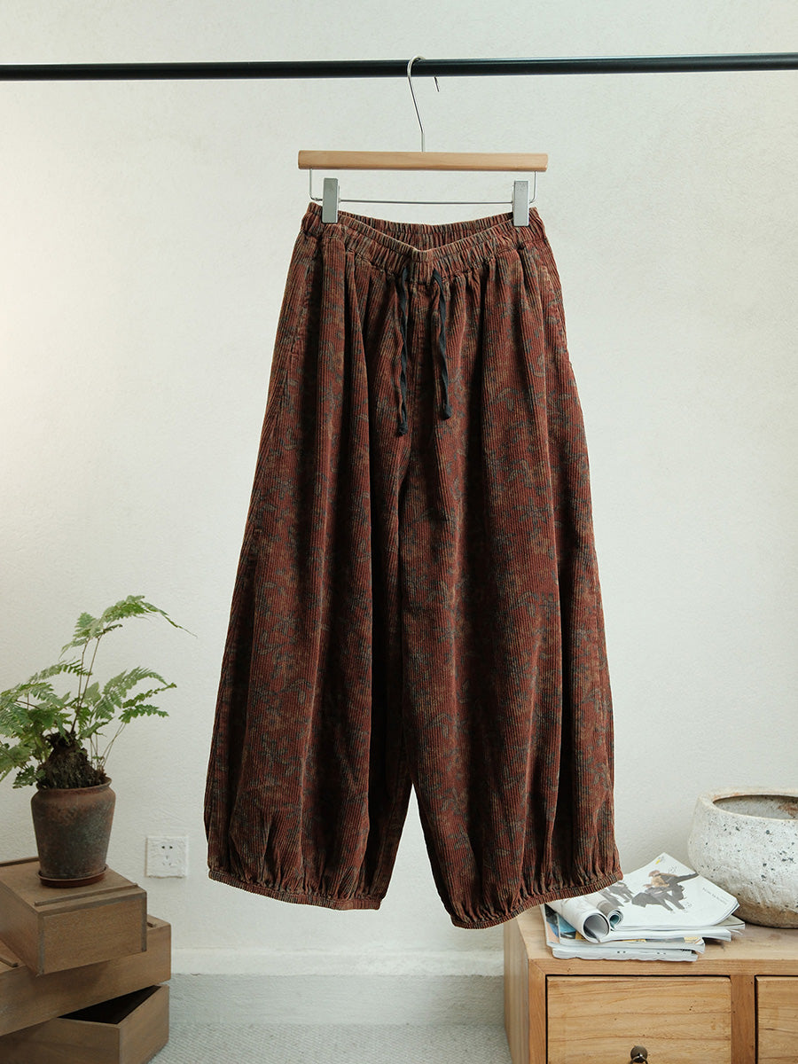 Women Autumn Retro Flower Corduroy Straight Pants