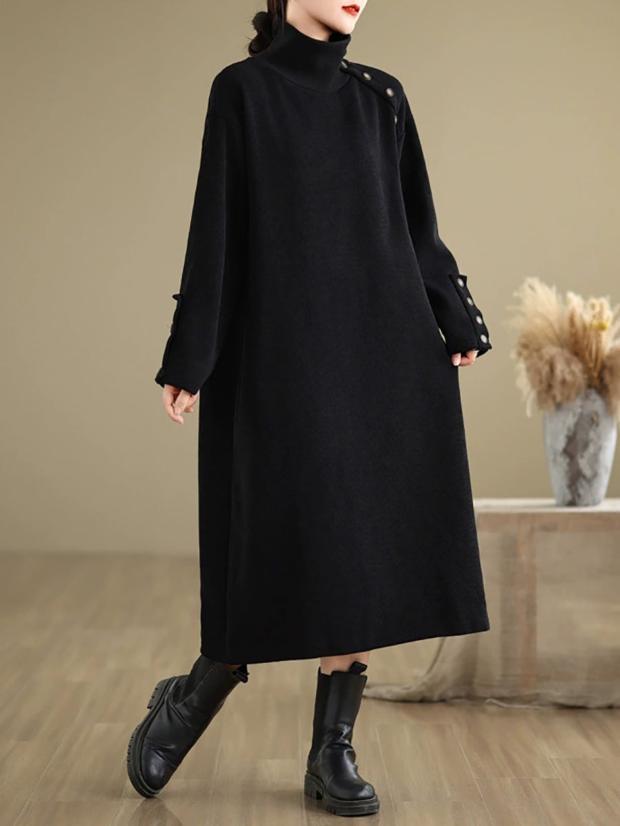 Women Winter Pure Color Fleece-lined Stand Collar Dress