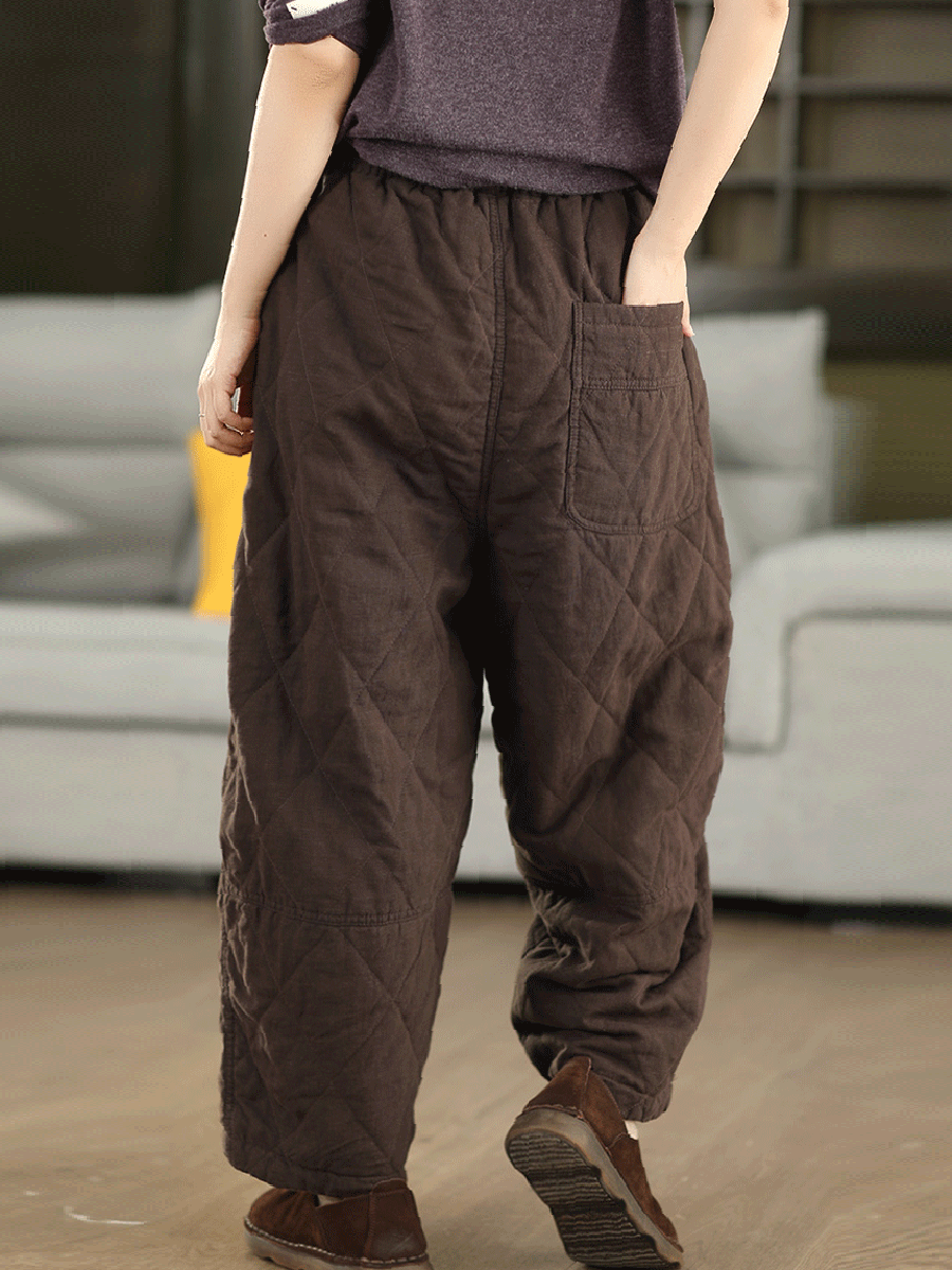 Women Autumn Pure Color 100%Linen Padded Harem Pants