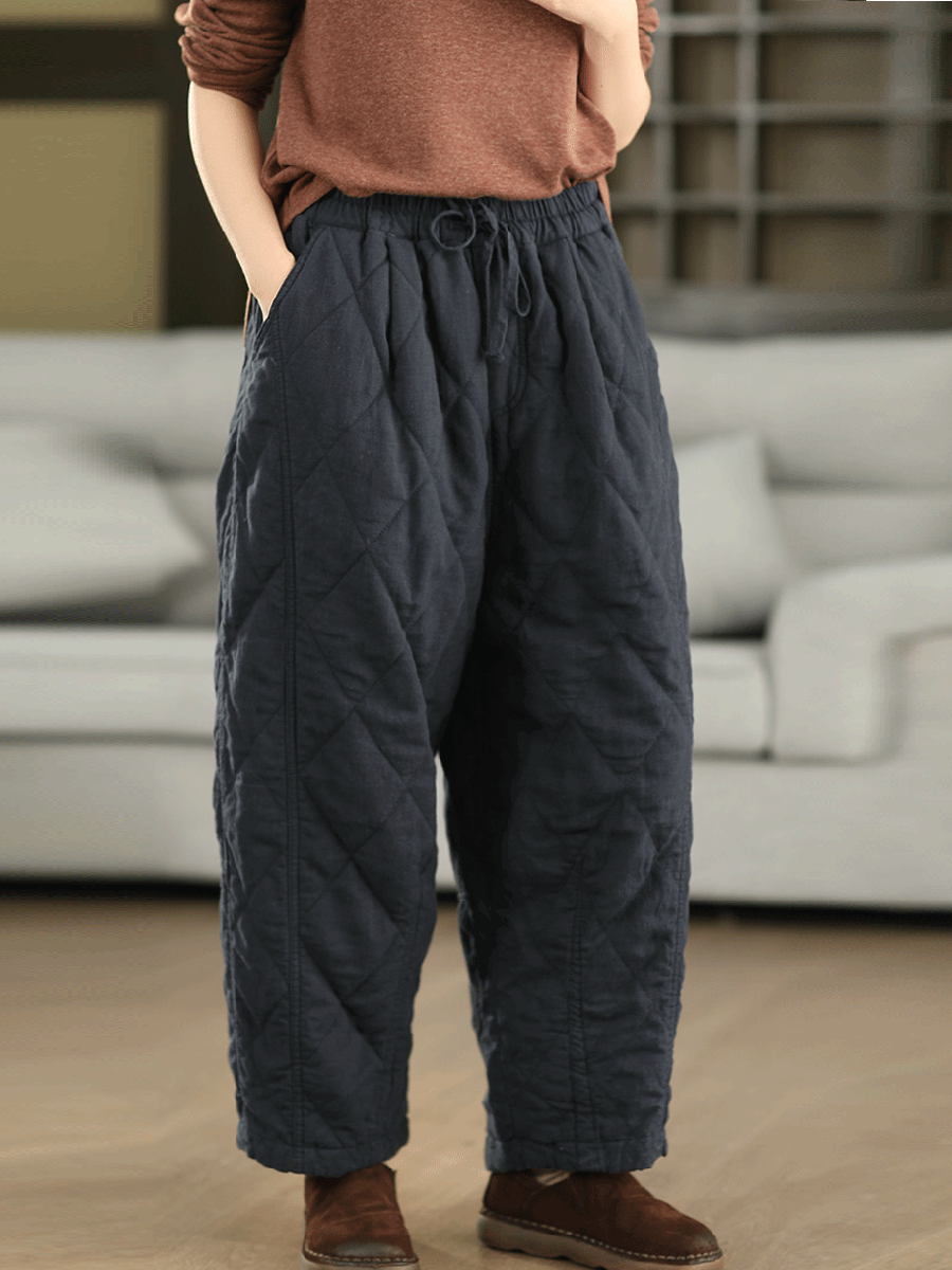 Women Autumn Pure Color 100%Linen Padded Harem Pants