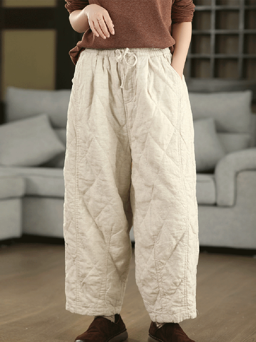 Women Autumn Pure Color 100%Linen Padded Harem Pants