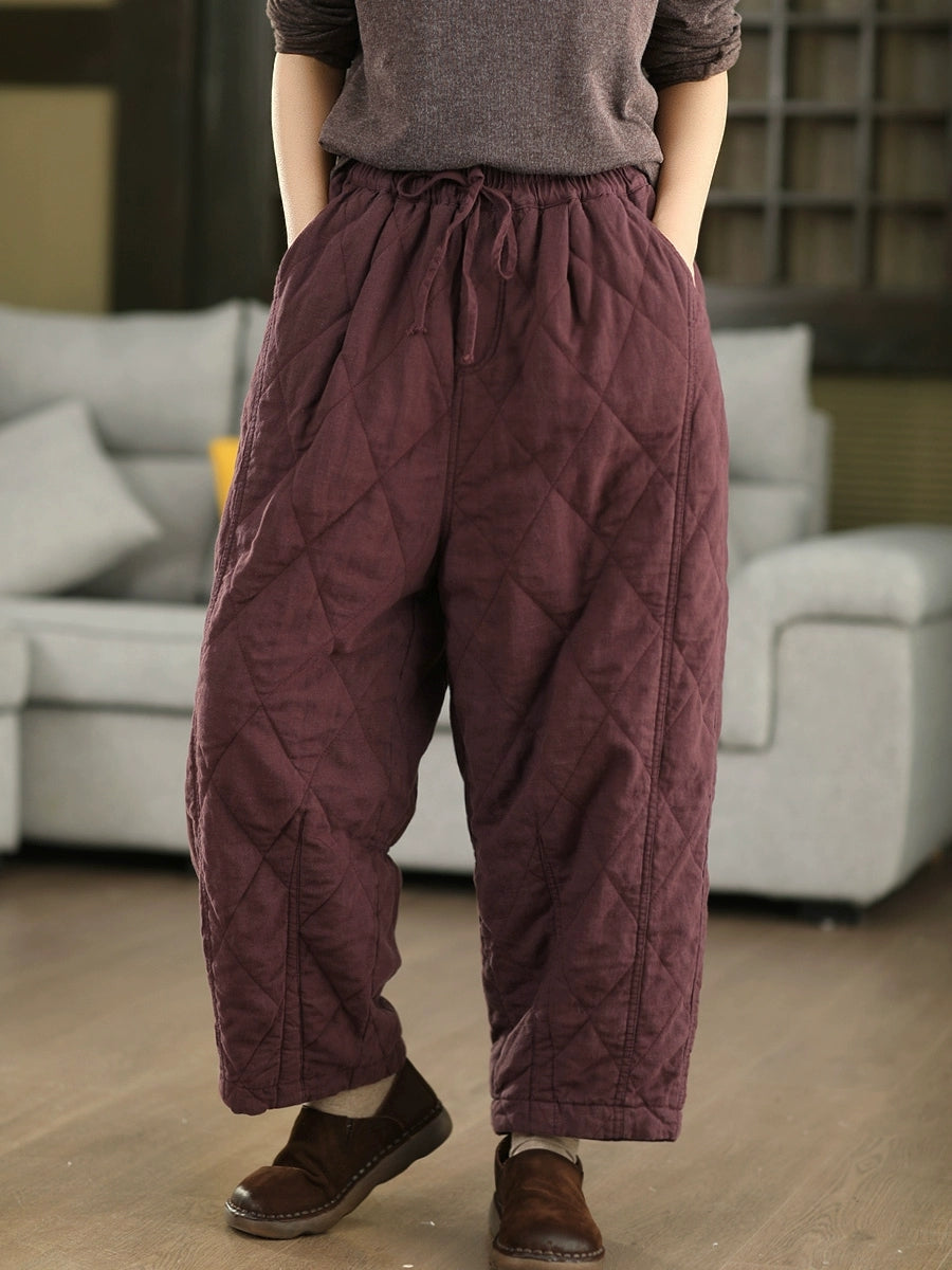 Women Autumn Pure Color 100%Linen Padded Harem Pants