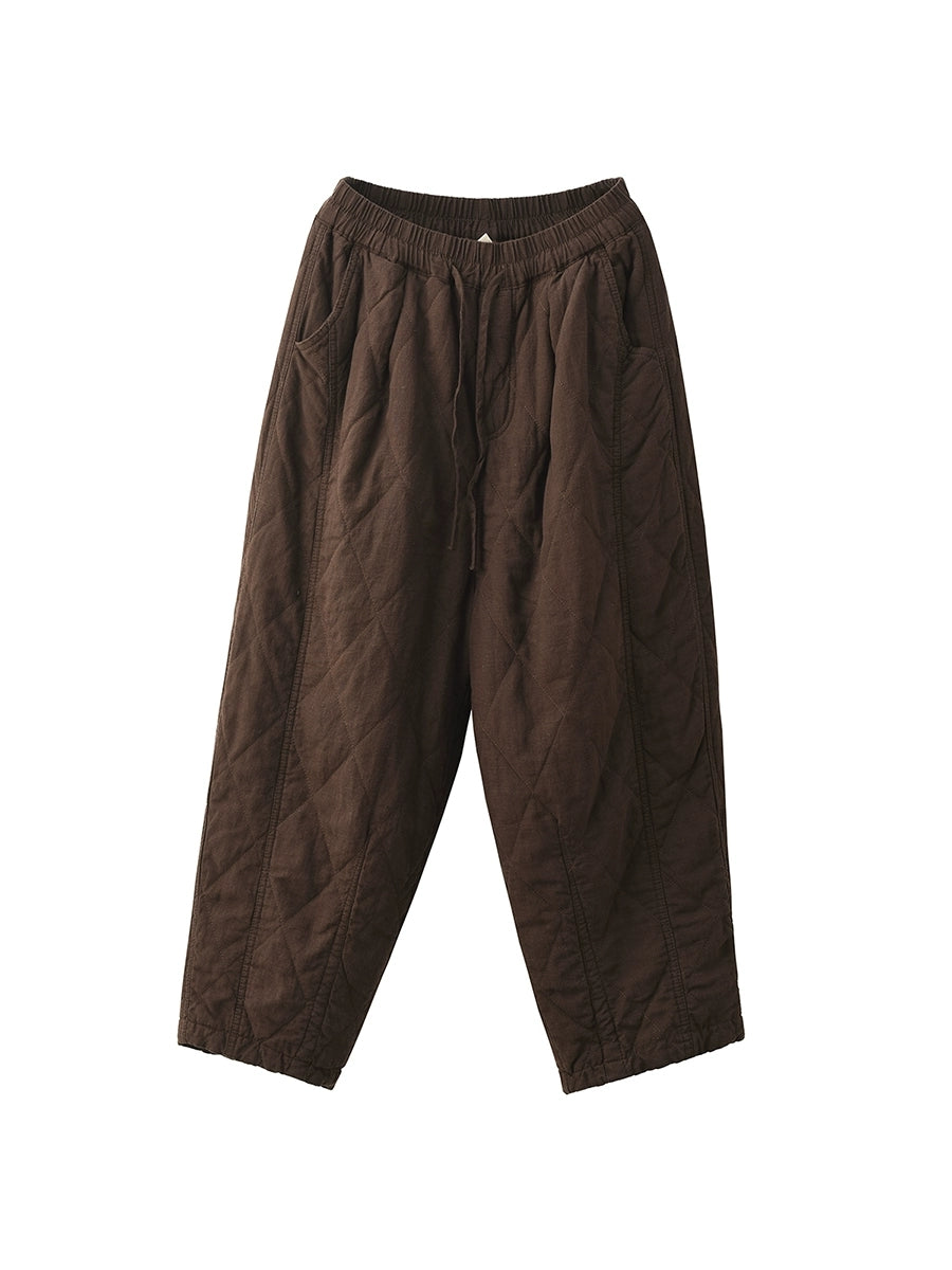 Women Autumn Pure Color 100%Linen Padded Harem Pants