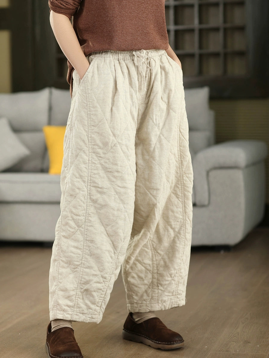 Women Autumn Pure Color 100%Linen Padded Harem Pants