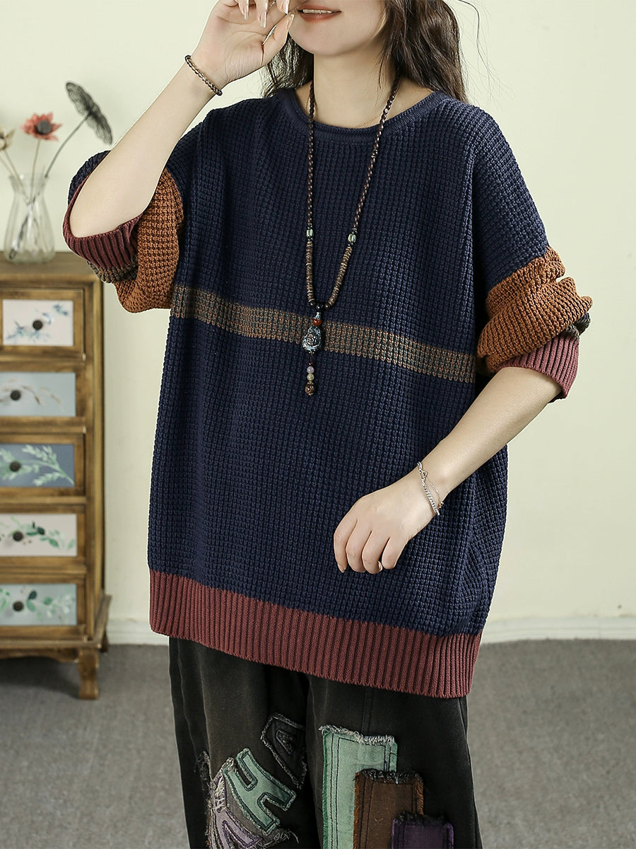 Women Autumn Colorblock Knitted 100%Cotton O-Neck Blouse