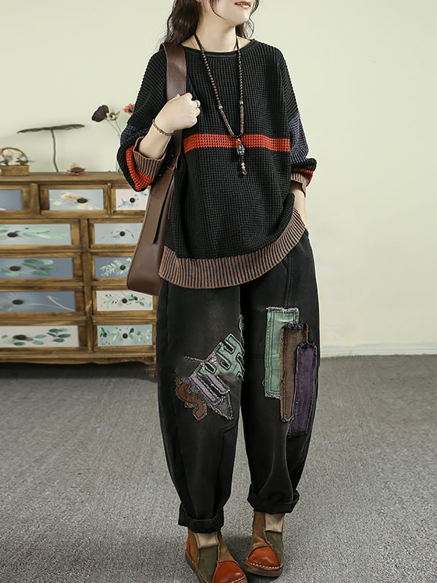 Women Autumn Colorblock Knitted 100%Cotton O-Neck Blouse