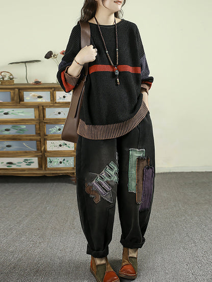 Women Autumn Colorblock Knitted 100%Cotton O-Neck Blouse