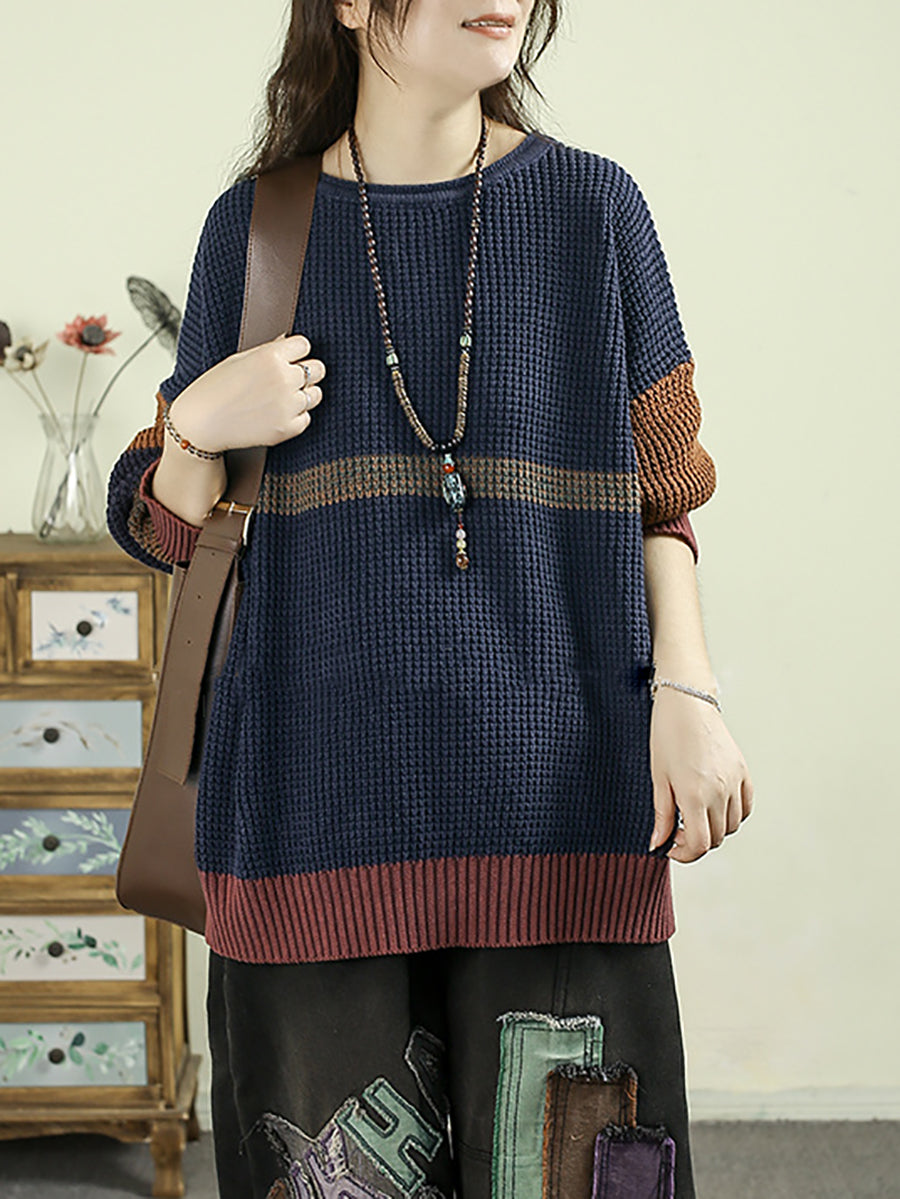 Women Autumn Colorblock Knitted 100%Cotton O-Neck Blouse