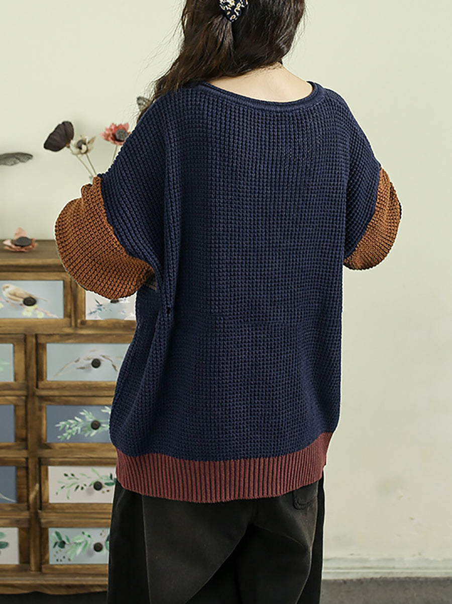 Women Autumn Colorblock Knitted 100%Cotton O-Neck Blouse