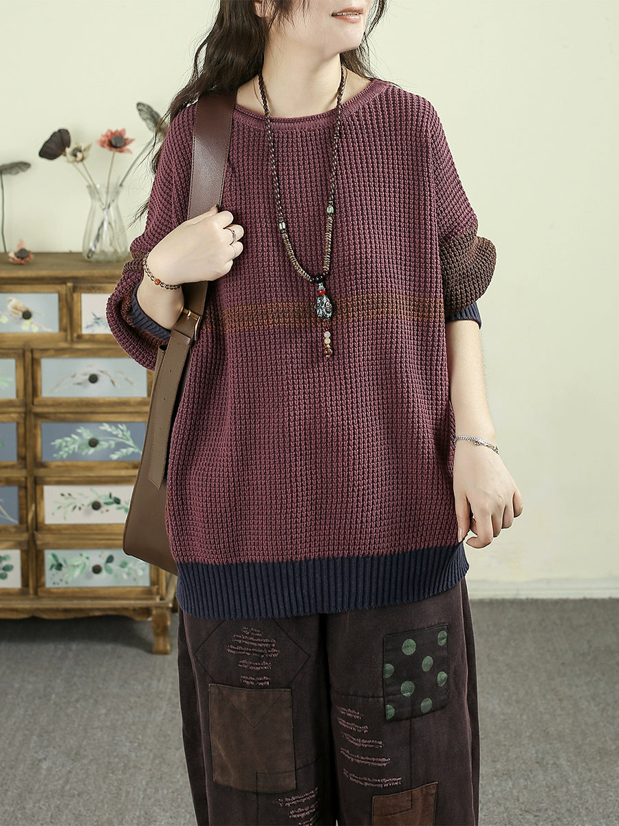 Women Autumn Colorblock Knitted 100%Cotton O-Neck Blouse