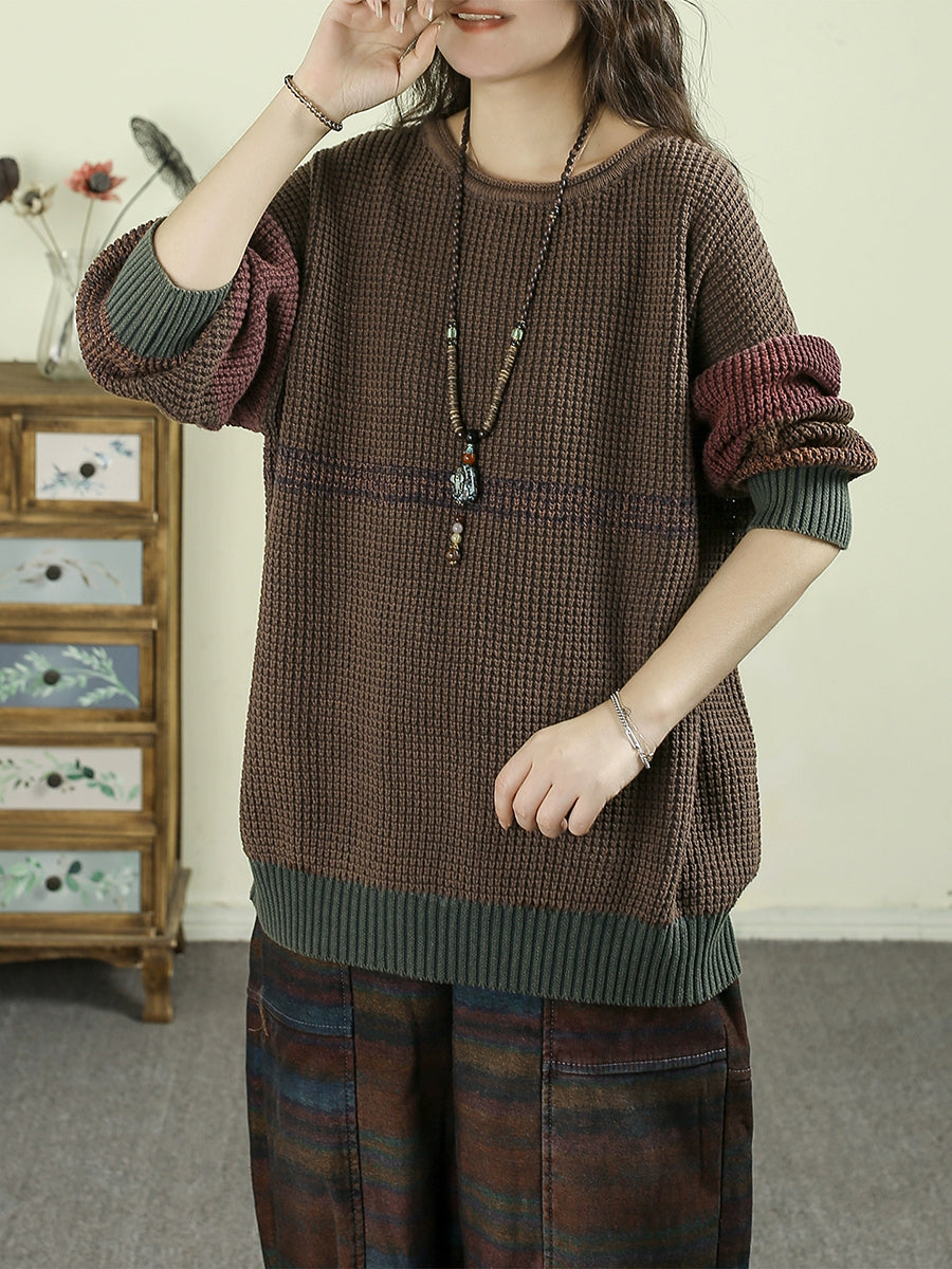 Women Autumn Colorblock Knitted 100%Cotton O-Neck Blouse