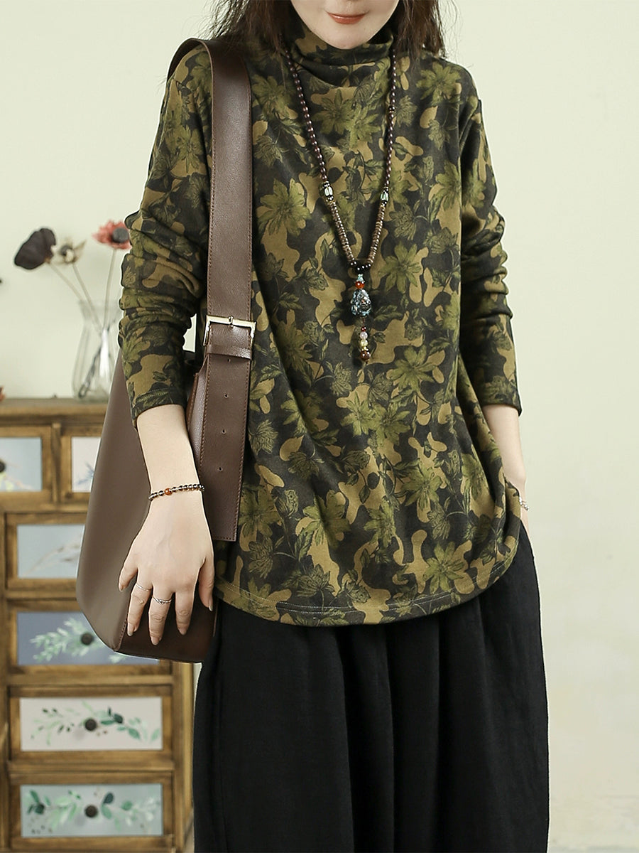Women Autumn Artsy Flower Half-Turtleneck Blouse