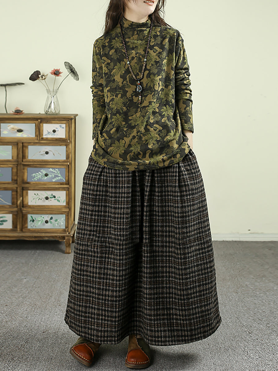 Women Autumn Artsy Flower Half-Turtleneck Blouse