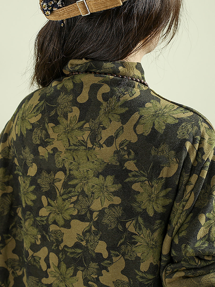 Women Autumn Artsy Flower Half-Turtleneck Blouse