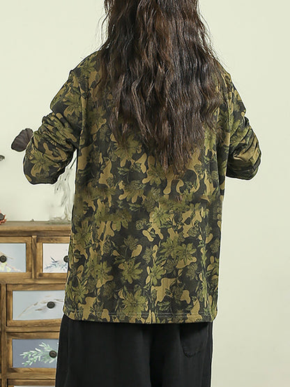 Women Autumn Artsy Flower Half-Turtleneck Blouse