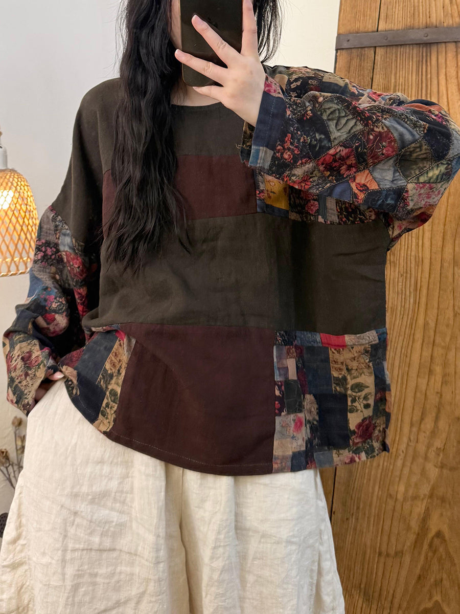 Women Autumn Artsy Patchwork Linen O-Neck Shirt