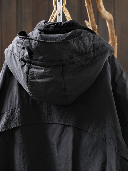 Women Autumn Casual Pure Color Padded Hooded Jacket