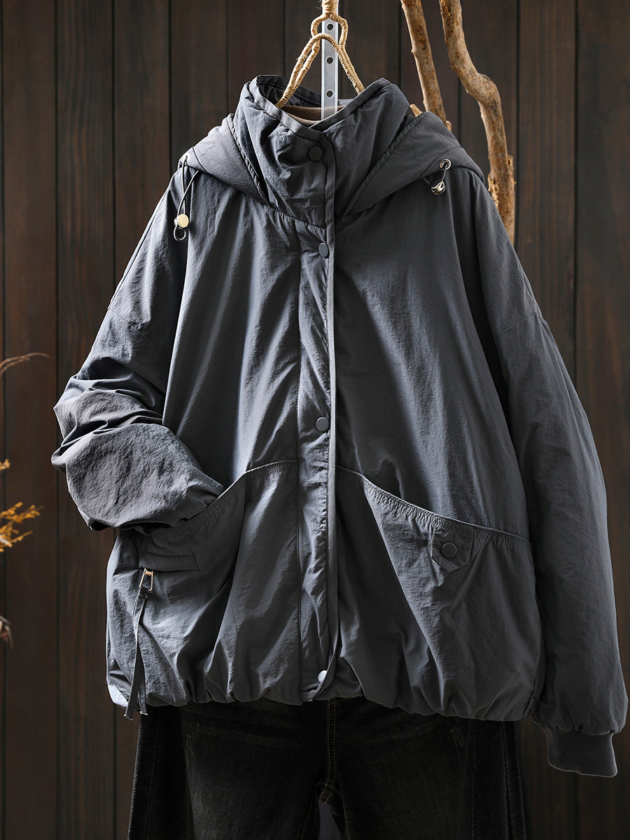 Women Autumn Casual Pure Color Padded Hooded Jacket