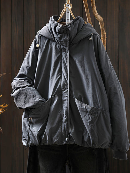 Women Autumn Casual Pure Color Padded Hooded Jacket