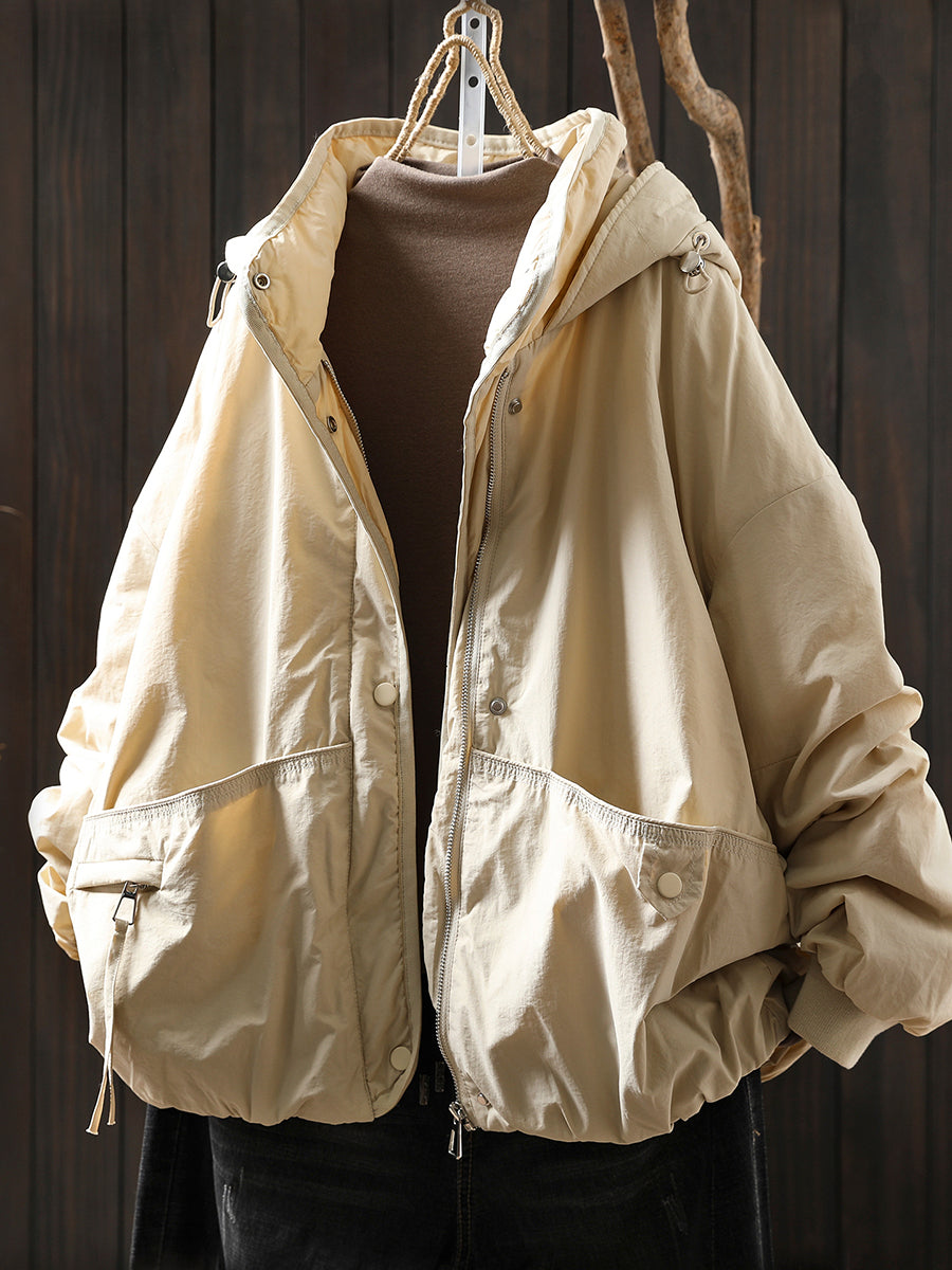 Women Autumn Casual Pure Color Padded Hooded Jacket