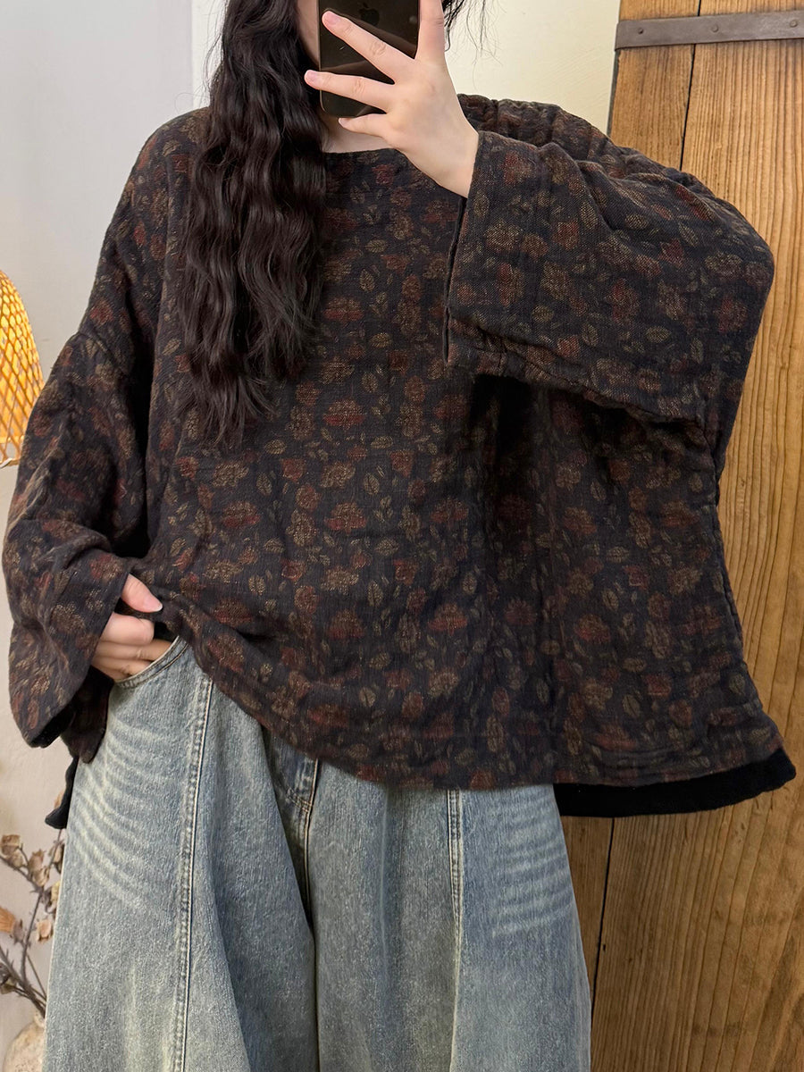 Women Autumn Retro Flower Linen O-Neck Shirt