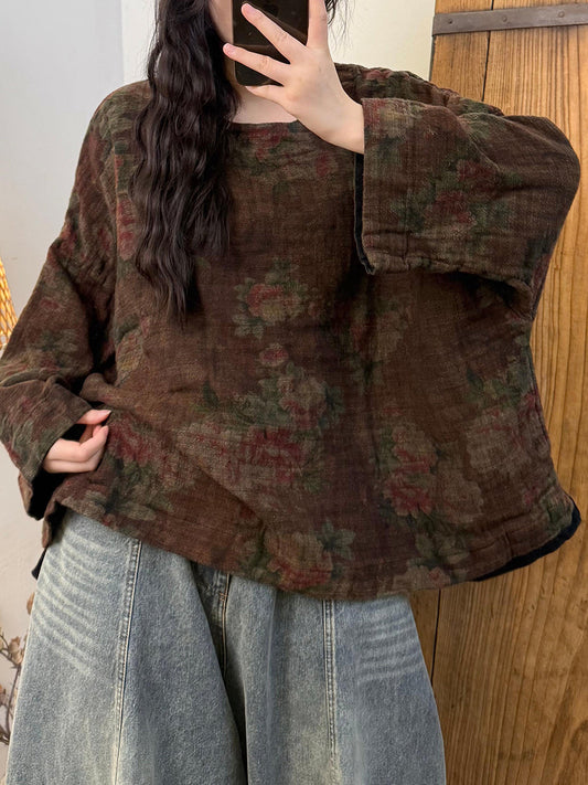 Women Autumn Retro Flower Linen O-Neck Shirt