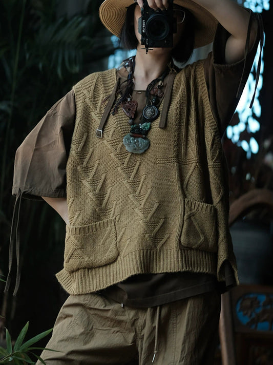 Women Autumn Casual Pure Color V-Neck Wool Vest