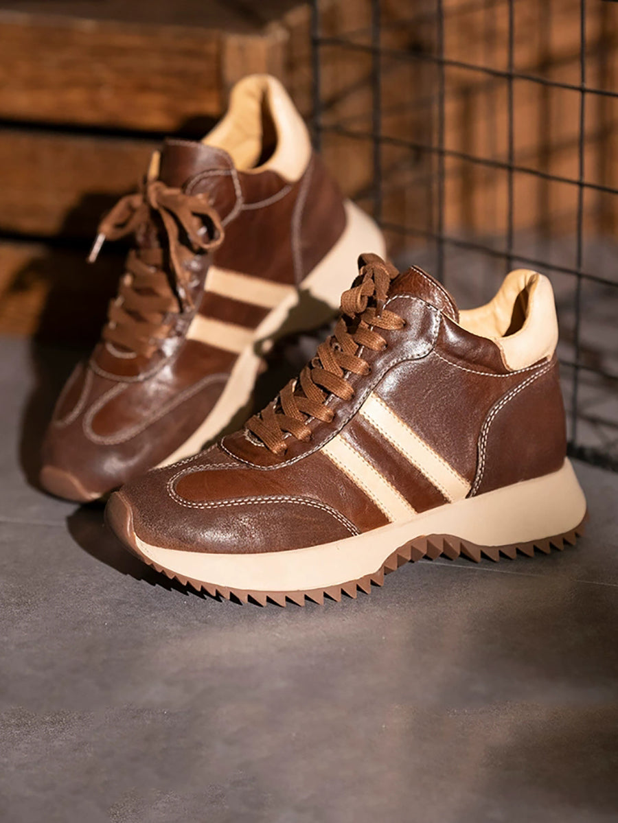 Women Vintage Genuine Leather Spliced Platform Shoes