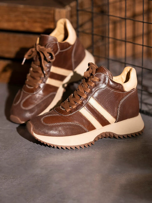 Women Vintage Genuine Leather Spliced Platform Shoes