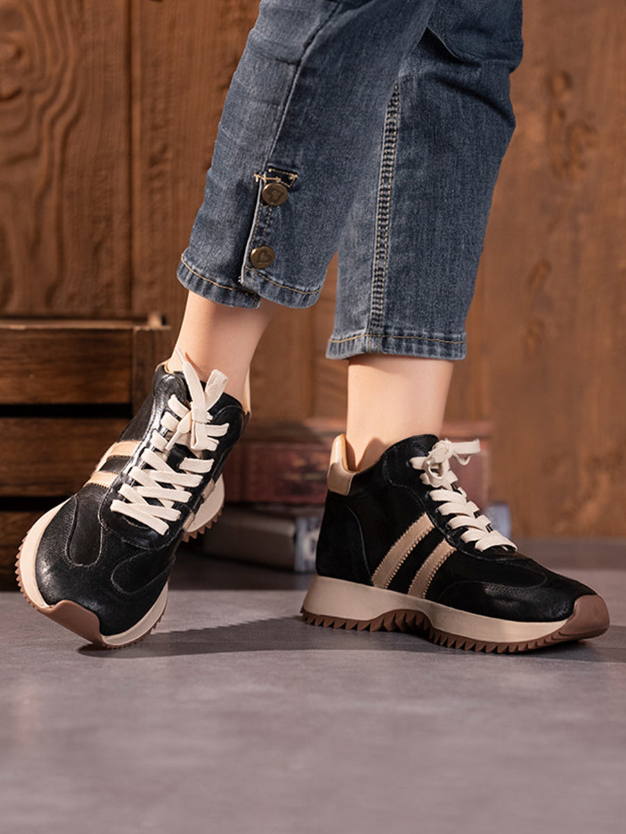Women Vintage Genuine Leather Spliced Platform Shoes