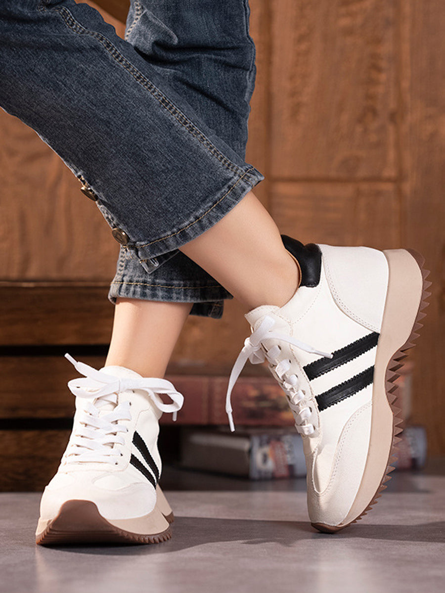 Women Vintage Genuine Leather Spliced Platform Shoes