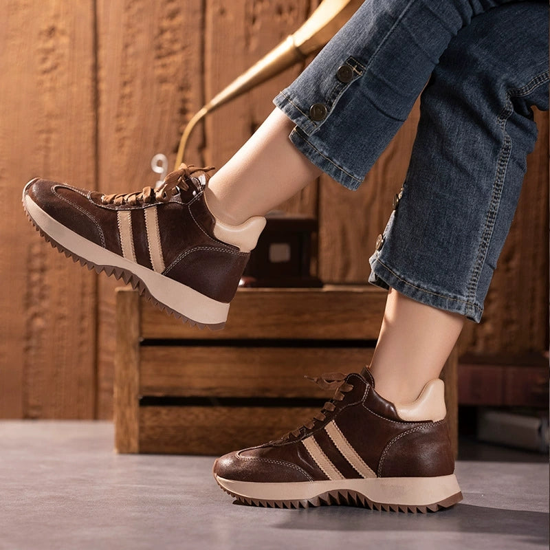 Women Vintage Genuine Leather Spliced Platform Shoes