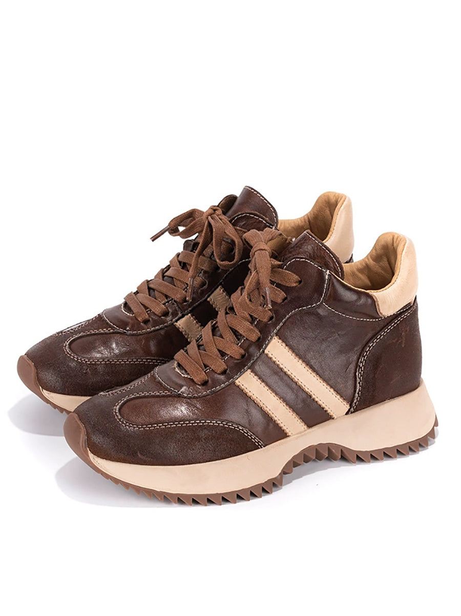 Women Vintage Genuine Leather Spliced Platform Shoes