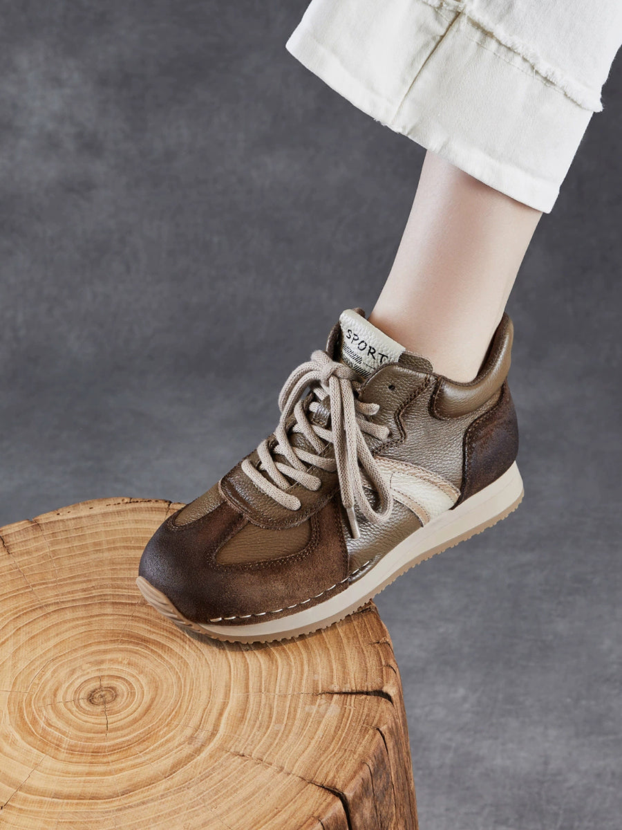 Women Vintage Genuine Leather Spliced Flat Shoes