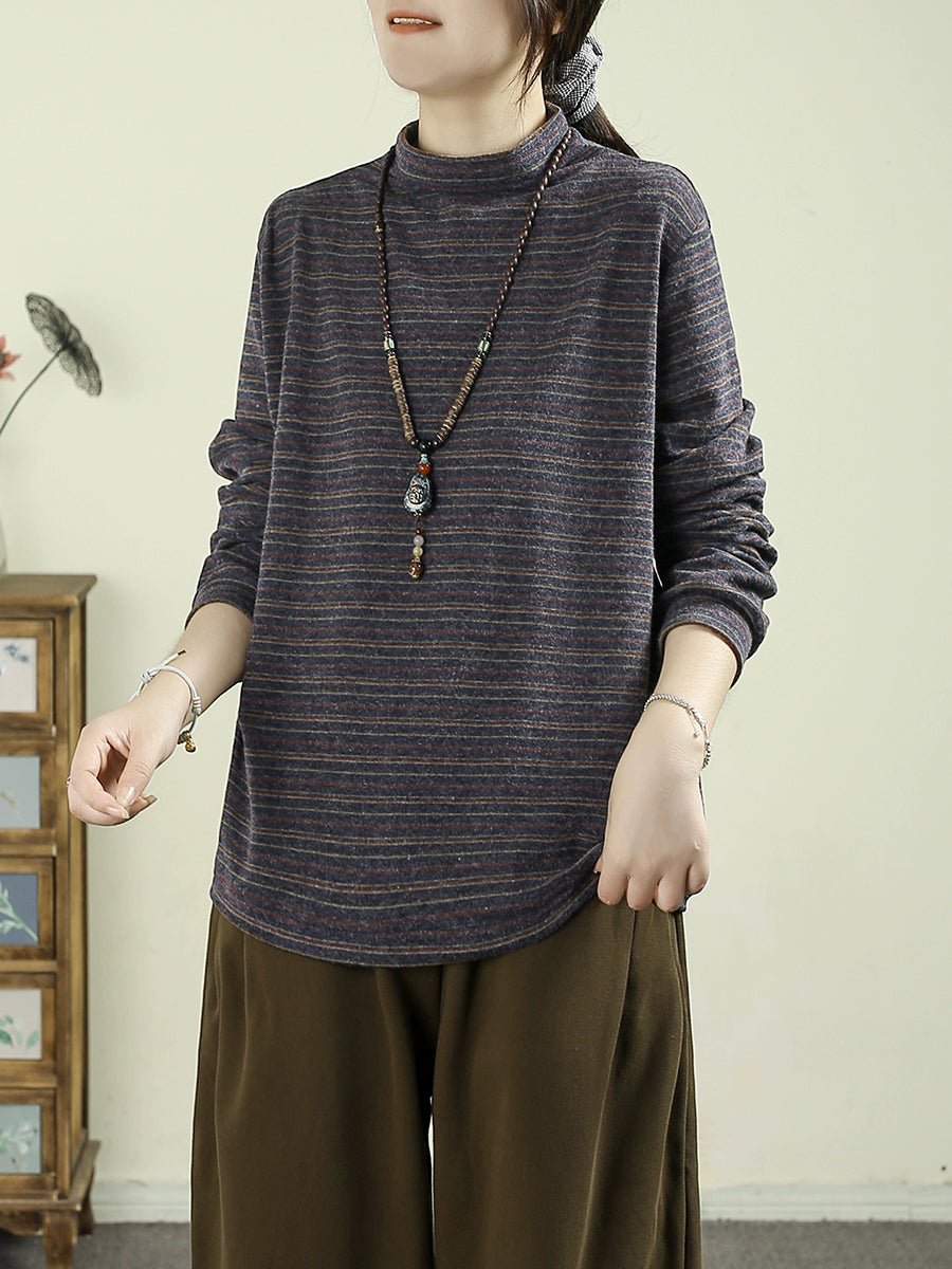 Women Autumn Artsy Stripe Cotton Half-Turtleneck Blouse