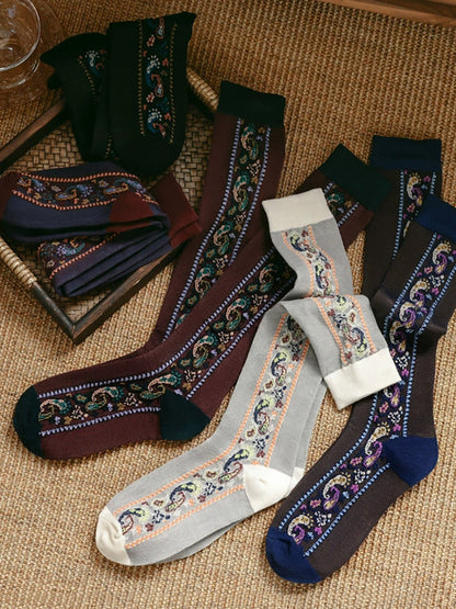5 Pairs Women Artsy Flower Embossing Long Socks