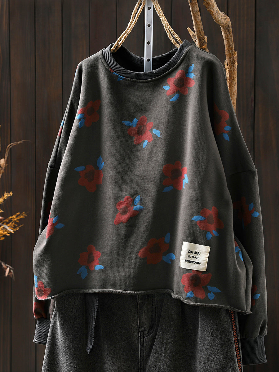 Women Autumn Artsy Flower O-Neck Cotton Blouse