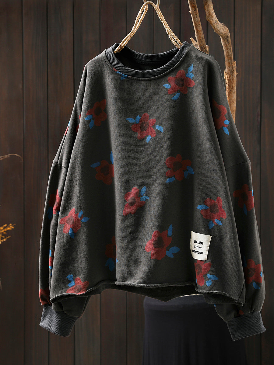 Women Autumn Artsy Flower O-Neck Cotton Blouse