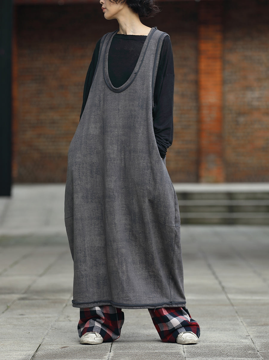 Women Autumn Retro Pure Color 100%Cotton V-Neck Vest Dress