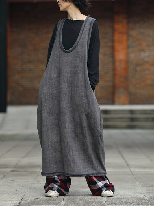 Women Autumn Retro Pure Color 100%Cotton V-Neck Vest Dress