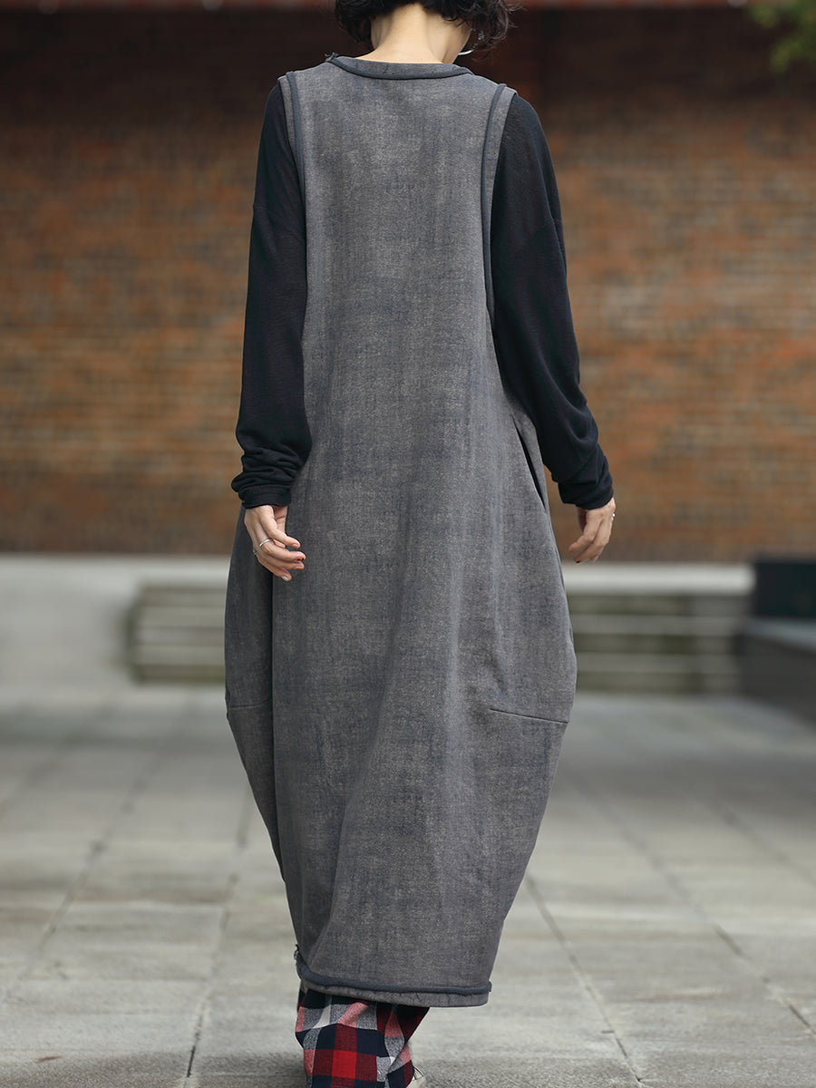 Women Autumn Retro Pure Color 100%Cotton V-Neck Vest Dress