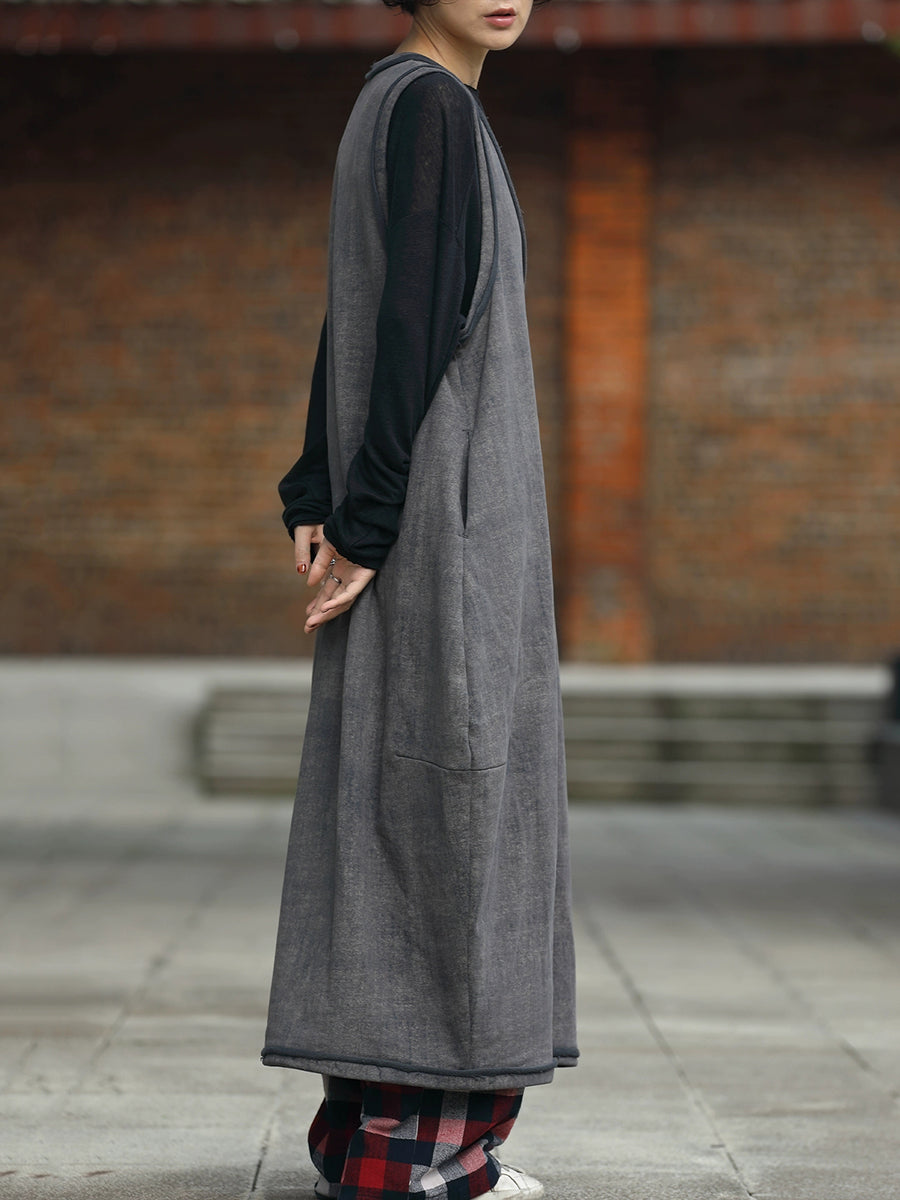 Women Autumn Retro Pure Color 100%Cotton V-Neck Vest Dress