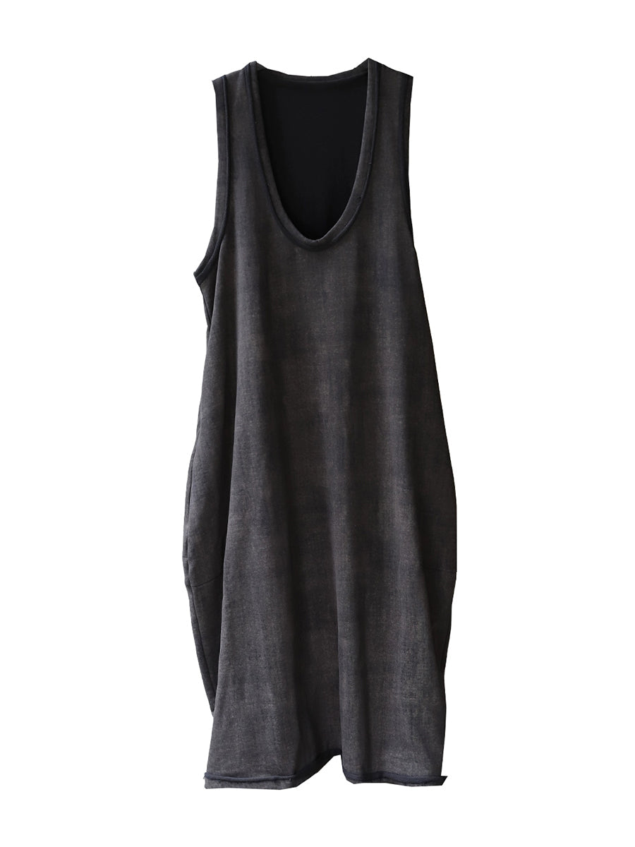 Women Autumn Retro Pure Color 100%Cotton V-Neck Vest Dress