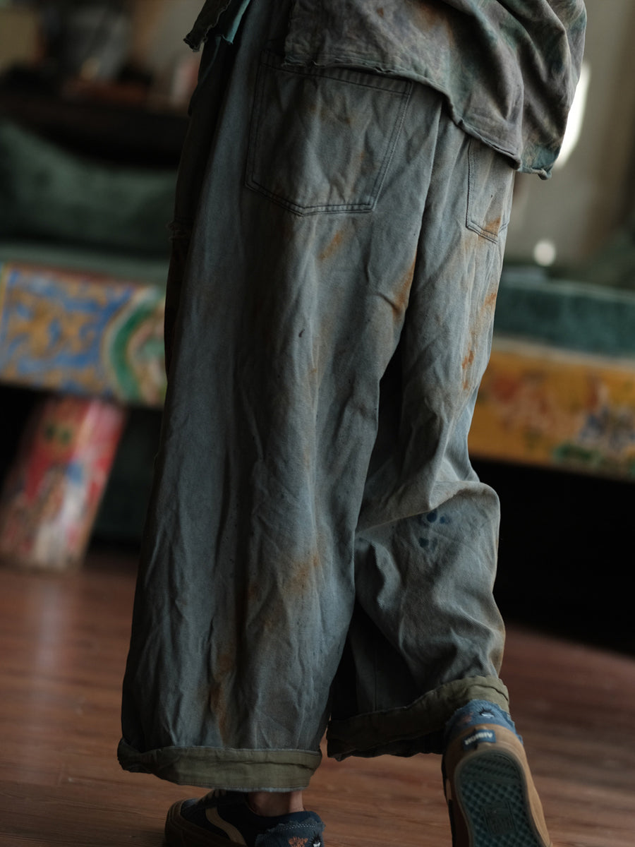 Women Vintage Patch Spliced Cotton Wide-leg Pants